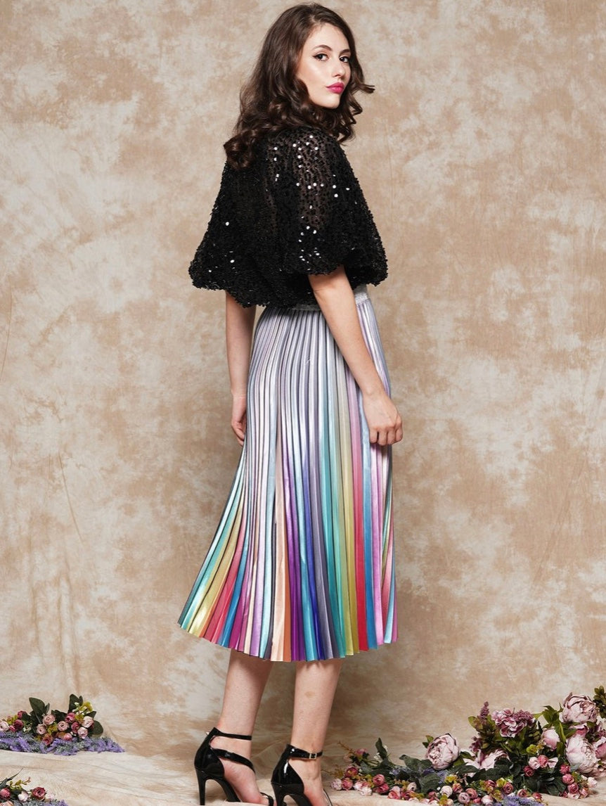 Pleated metallic rainbow outlet skirt